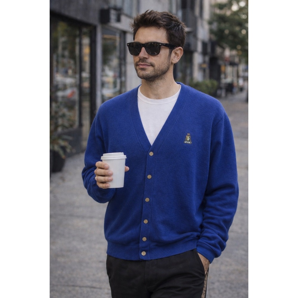 IZOD Mens XL Blue Button Front Cardigan Sweater Logo Embroidered Knit